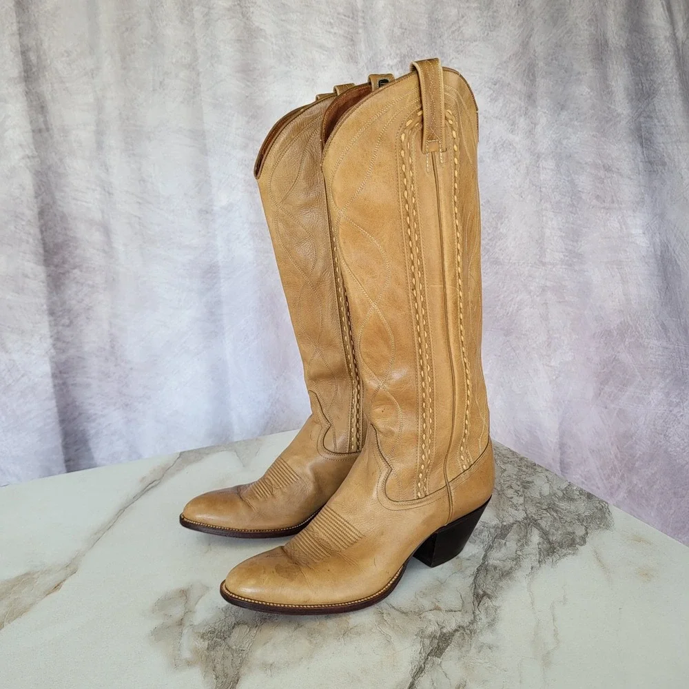 Dan Post Classic Knee High Western CowboyBoots Tan Women's Size 8 C